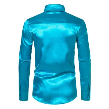Luxury Shiny Blue Silk Satin Dress Shirts Men 70s Disco Party Prom Shirt Long Sleeve Casual Smooth Tuxedo Shirt Chemise Homme 2