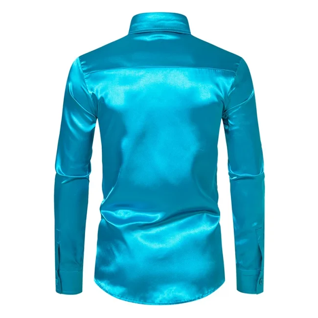 Luxury Shiny Blue Silk Satin Dress Shirts Men 70s Disco Party Prom Shirt Long Sleeve Casual Smooth Tuxedo Shirt Chemise Homme 2