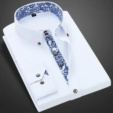 Blue-and-white Porcelain Collar Shirt Men Long Sleeve Korean SlimFit Casual Business Dress Shirts Solid Color White Shirt Cotton 1