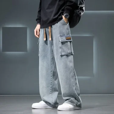 Autumn New Wide Leg Washing Jean Pants Men Trousers Neutral Solid Color Loose Casual Fashion Pocket Cargo Pants Big Size 8xl 4