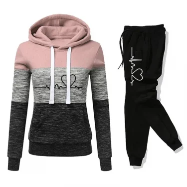 Women Tracksuit Printing Hooded Sweatshirt Sweatpant Color Block Versatile Casual Jogging Pullovers Sport Trousers Outfits S-3XL 6