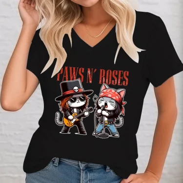 Paws Funny Cat Rock Star Trendy Cat Graphic T-shirt Women Fun Guitar Music Lover Classic Tops Gift for Rock Music Cat Lover Tops 1