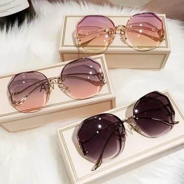 Rimless Sunglasses Polygon Fashion Popular Women Men Shades Big Frame Round Sun Glasses for Female Oculos Gradient Sunglasses 1