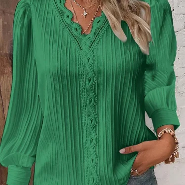 Women's Lace Stitching Shirt Loose Stitching V-neck Long Sleeve Pullover Chiffon Shirt Fall Top Simple Elegant Street Blouse 2