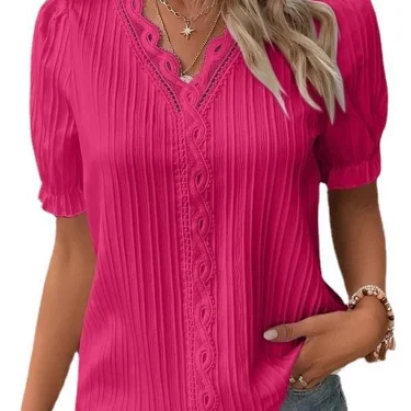Women's Summer New Top Solid Sexy V-Neck Hollow Short Sleeve Shirt Fashion Splice Plus Size Blouse Loose Street Apparel 6