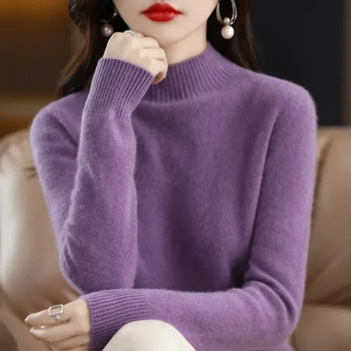 Autumn Winter Women Sweater Korean Fashion Warm Bottoming Shirts Half High Collar Basic Knitwear Solid Long Sleeve Pullovers 1