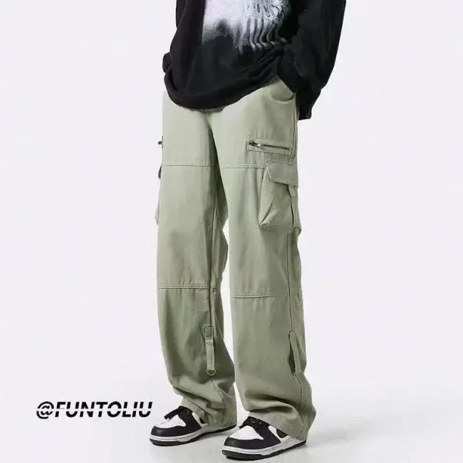 Deep Green Multi-pocket Cargo Pants Men's Autumn Japanese Trendy Straight-leg Loose-fit Casual Pants Niche Zip-up Dropshipping 3
