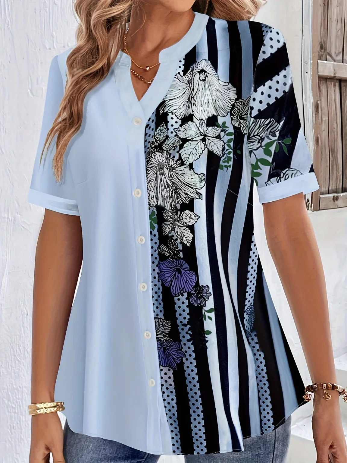 Plus Size Striped Print Blouse, Casual Round Collar Half Sleeve Blouse For Spring, Women's Plus Size Clothing 4