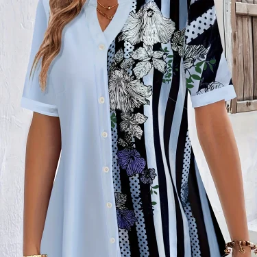 Plus Size Striped Print Blouse, Casual Round Collar Half Sleeve Blouse For Spring, Women's Plus Size Clothing 4
