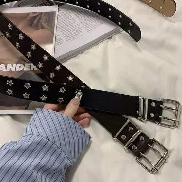 Y2K Punk Rivet Leather Belts Women Men Star PU Black White Waist Strap Double Row Hollow Trendy Waistband Jeans Skirt Decoration 6
