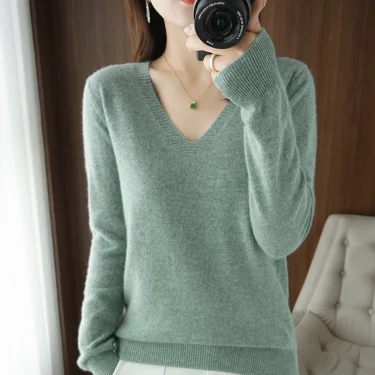 Autumn And Winter Cashmere Sweater New Women's V-neck Pullover Lace Neck Hollow Out Design Casual Knitted Long Sleeve Women's 6