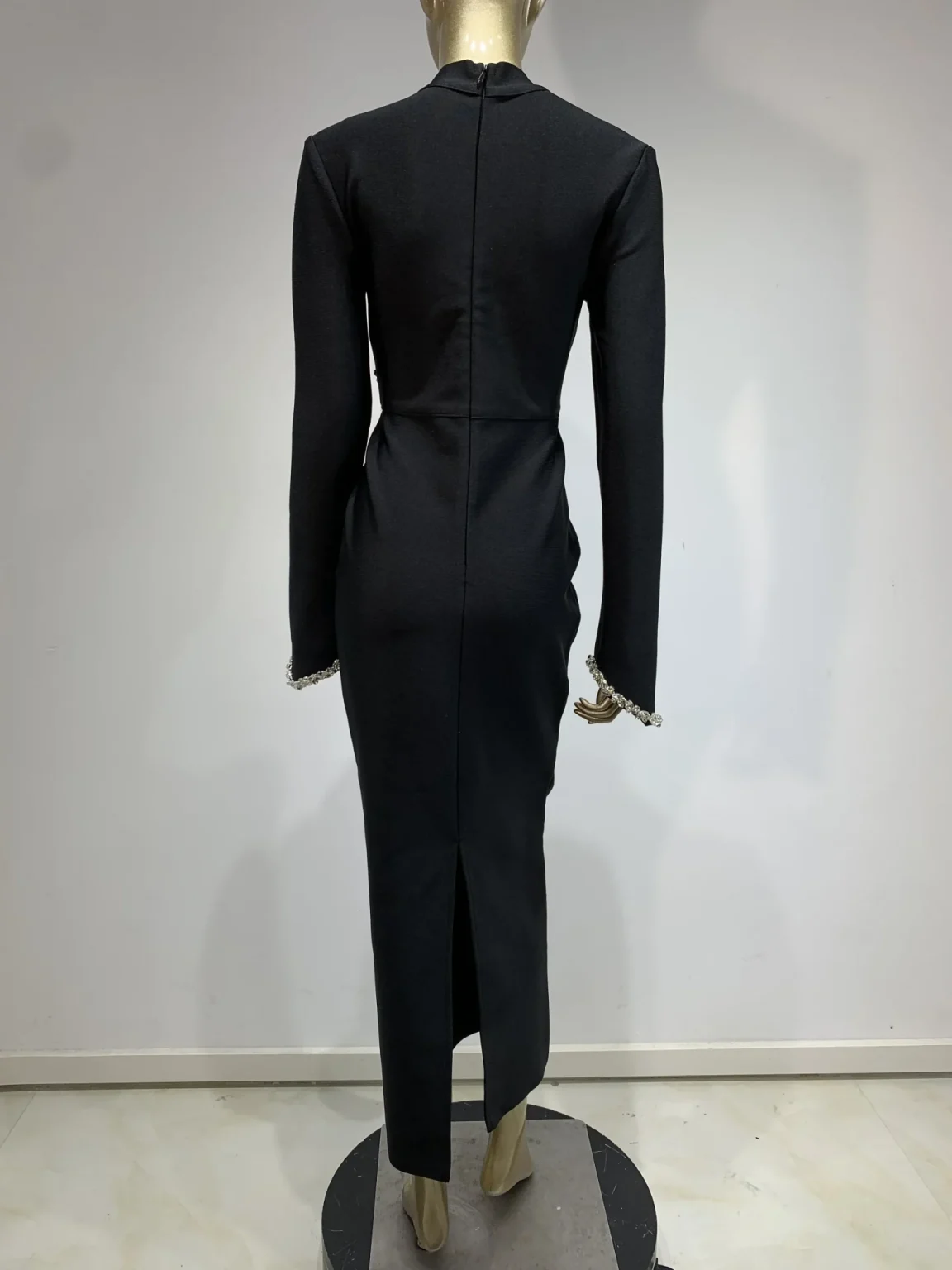 Autumen New Party Dress for Women Black Long Sleeve Half High Collar Crystal Bodycon Ankle Length Celebrity Evening Dress 3