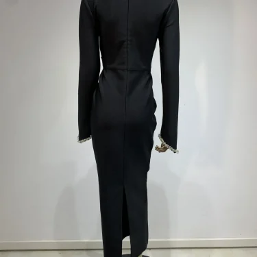 Autumen New Party Dress for Women Black Long Sleeve Half High Collar Crystal Bodycon Ankle Length Celebrity Evening Dress 3