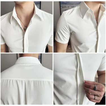 High Quality Summer Thin Stretchy Short-Sleeved Shirt for Men's Business and Casual Wear, Hidden Button Placket M-4XL 3