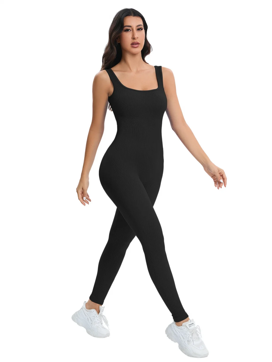 Shapewear Jumpsuits for Women Built- In Bra Bodycon Square Neck Sleeveless Summer Rompers Ribbed Jumpsuit 5