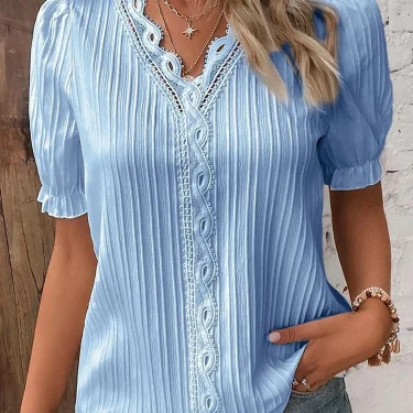 Women's Summer New Top Solid Sexy V-Neck Hollow Short Sleeve Shirt Fashion Splice Plus Size Blouse Loose Street Apparel 1