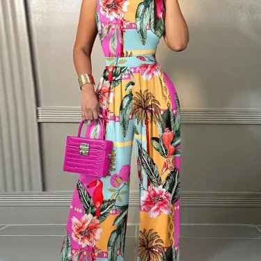 Elegant Women Wide Leg Long Juumpsuit Spring Summer Fashion Printed Sleeveless Casual Holiday Bodysuits Jumpsuits Trousers 5