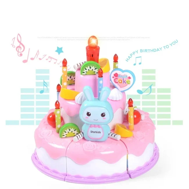 Kids Toy Simulation DIY Birthday Cake Model Kitchen Pretend Play Cutting Cake Toy with Light and Music Blowing Candles Girl Gift 4
