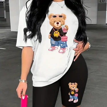 Summer women's Bear cartoon print casual loose round neck short sleeved T-shirt shorts two-piece set 3