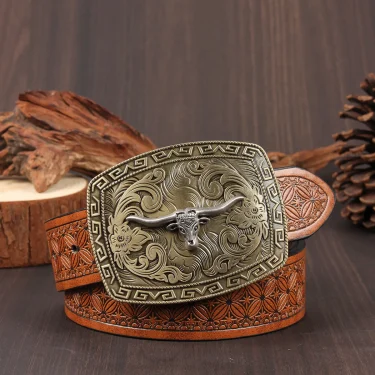 Western Cowboy Belt, Bull Head Big Board Buckle, Retro Youth, Men's and Women's Punk Leather Street Belt 3