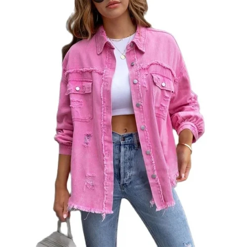 Holes Raw-edges Denim Jacket Women Spring Autumn Shirt Style Jeancoat Casual Top Rose-Red Orange Purple Outerwear Lady Coat 1