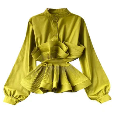 XFPV Women Puff Sleeve Pleated Ruffle Solid Casual Blouse Patchwork Y2k Top Slim Waist Shirt Sweet Summer Spring 2025 SM2983 6