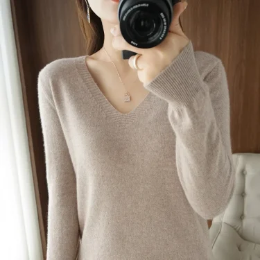 Women's Sweater Autumn Winter Knitted Pullovers V-neck Slim Fit Bottoming Shirt Solid Soft Knitwear Jumpers Basic Sweaters 4