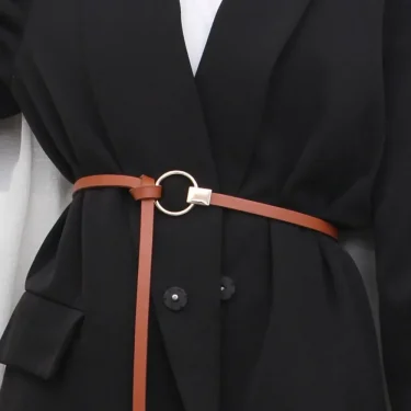Women's Knotted Decorative Belts Thin Belts for Dress Sweaters Overcoat Fashion Black Coffee Color Waistband PU Waist Belt 2