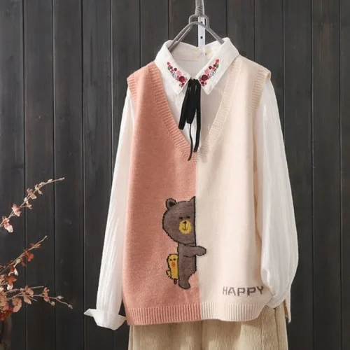 Spring and autumn new simple color matching knitted vest women loose wild V-neck cartoon pattern knitted sweater 1