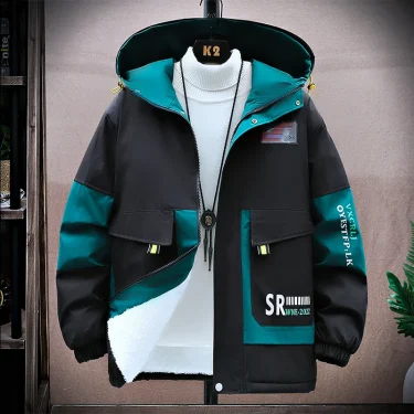 Autumn/Winter Trendy Hooded Jacket Color Matching Windproof Plush Thick Insulation Jacket Printed Men's Outdoor Clothing Casual 4