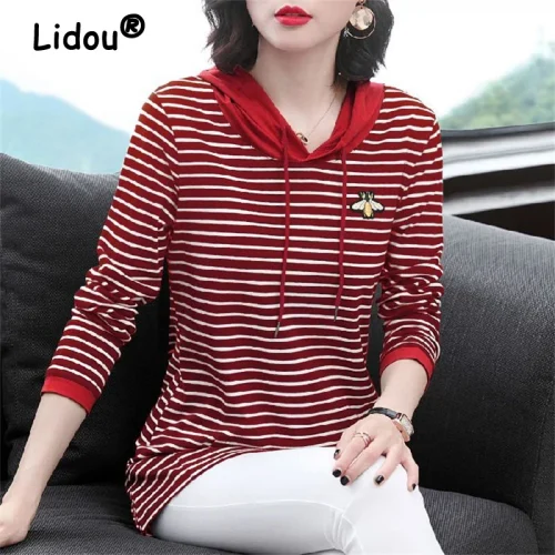 Women Clothing Korean Fashion Striped Patchwork Hoodies Casual Bee Embroidery Long Sleeve Hooded Sweatshirts Loose Pullover Tops 1