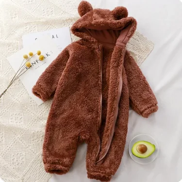 Thick Warm Baby Rompers Cute Winter Infant Jumpsuits Hooded Coral Fleece Bear Shape Newborn Soft Pajamas Overalls Clothing 5