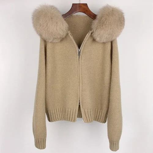 Fashion Autumn Winter Casual Hooded Real Fox Fur Collar Fashion Short Knitted Jacket with Natural Fur Coat for Women 1