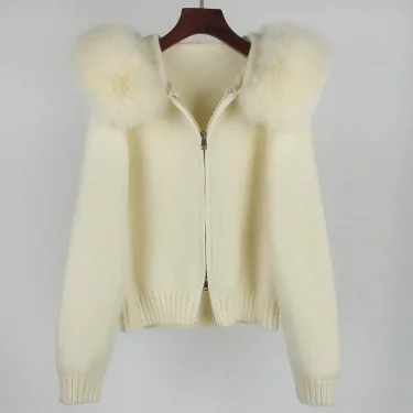 Fashion Autumn Winter Casual Hooded Real Fox Fur Collar Fashion Short Knitted Jacket with Natural Fur Coat for Women 5