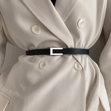New Luxury Women Thin Belt Black Gold Silver Metal Buckle Belt PU Casual Leather Waist Belt Trouser Dress Decoration Waistband 3
