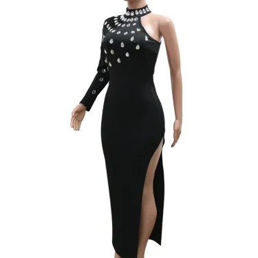 New Luxury Elegant Big Diamonds One Sleeve Black Bandage Beaded Evening Party Split Dress for Women Birtdhay Clubwear Prom Robe 3