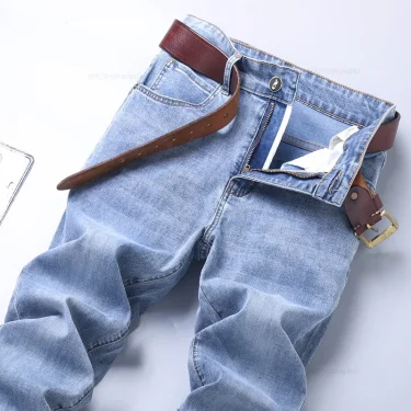 Spring Men's Light Blue Slim Jeans Stylish Casual Stretch Fabric Denim Pants Classic Trousers Smoke Gray 6