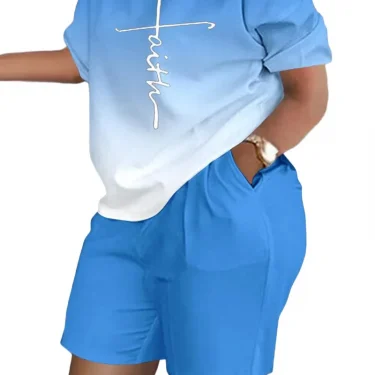 Women's clothing, round neck printed loose short sleeved T-shirt, shorts, casual sportswear, novelty for summer 6