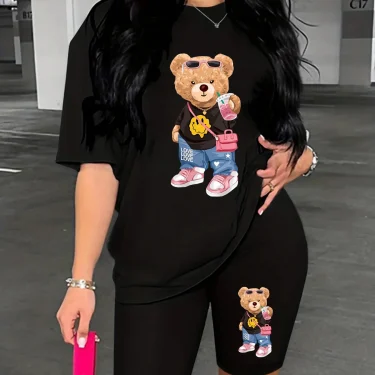 Summer women's Bear cartoon print casual loose round neck short sleeved T-shirt shorts two-piece set 4
