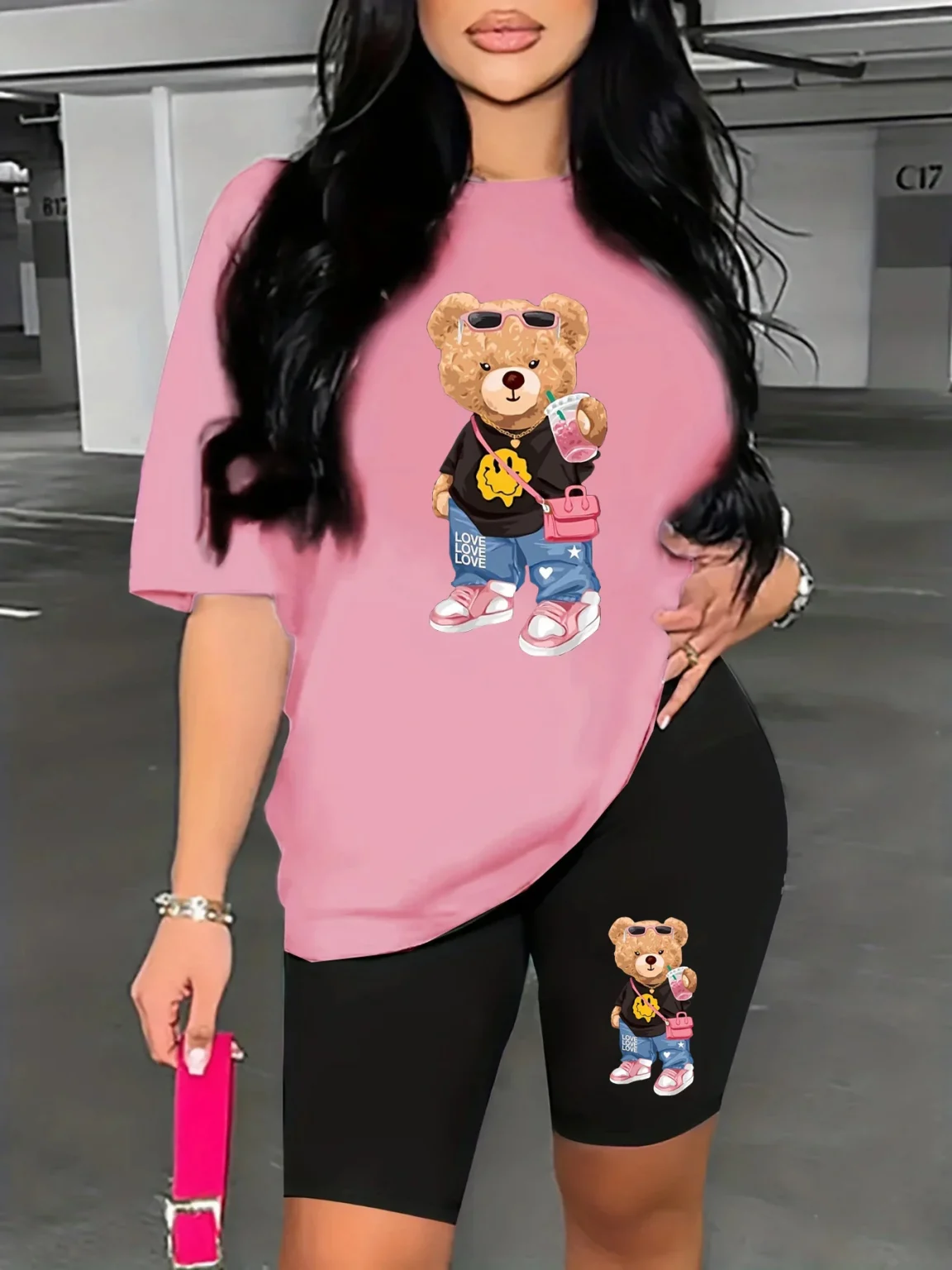 Summer women's Bear cartoon print casual loose round neck short sleeved T-shirt shorts two-piece set 2