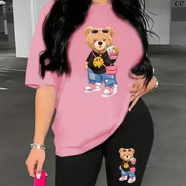 Summer women's Bear cartoon print casual loose round neck short sleeved T-shirt shorts two-piece set 2