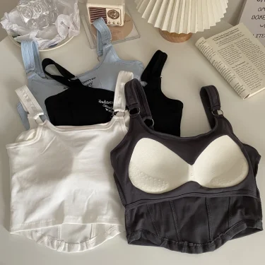 Striped bra pad sexy tank top Y2K solid color short women's T-shirt tank top exposed navel top sleeveless exposed navel top tank 6