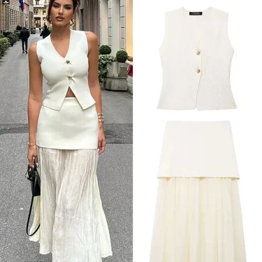 Women 2 Piece Set Chic V-Neck Sleeveless Button Knitted Vest Top+Splicing High Waist Side Zipper Ankle-Length Skirt TRAF 2