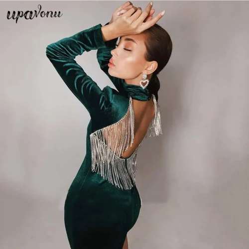 High Quality Black Green Sexy Fashion Backless Diamonds Tassel Rayon Velvet Dress Evening Party Dresses Vestidos 1