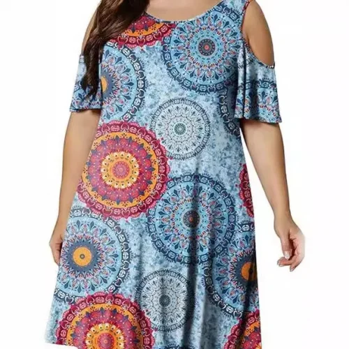 New plus size women's round neck off-shoulder print large-size T-shirt dress woman 1