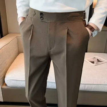 New British Style Solid High Waist Draped Trousers Korea Men Formal Blazer Pants Slim Business Casual Suit Pants Hommes 1