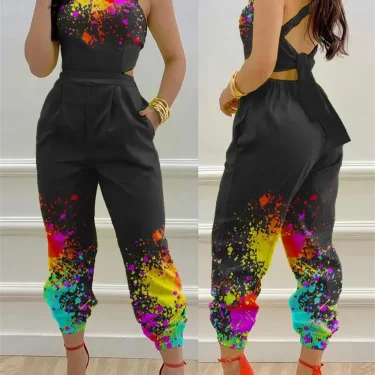 New Summer Fashion Printed Sleeveless Jumpsuit Sexy Hollow Backless Lace Up Long Jumpsuits Elegant Casual Jumpsuit With Pocket 3