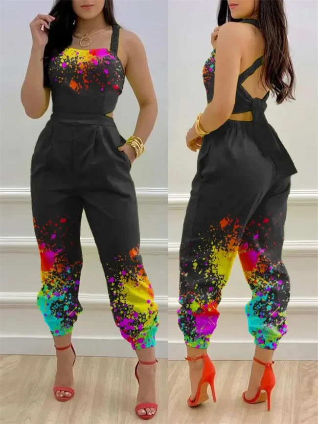 New Summer Fashion Printed Sleeveless Jumpsuit Sexy Hollow Backless Lace Up Long Jumpsuits Elegant Casual Jumpsuit With Pocket 3