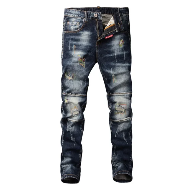 Fashion Streetwear Men Jeans Retro Black Blue Elastic Slim Fit Ripped Jeans Men Spliced Designer Embroidery Hip Hop Denim Pants 3