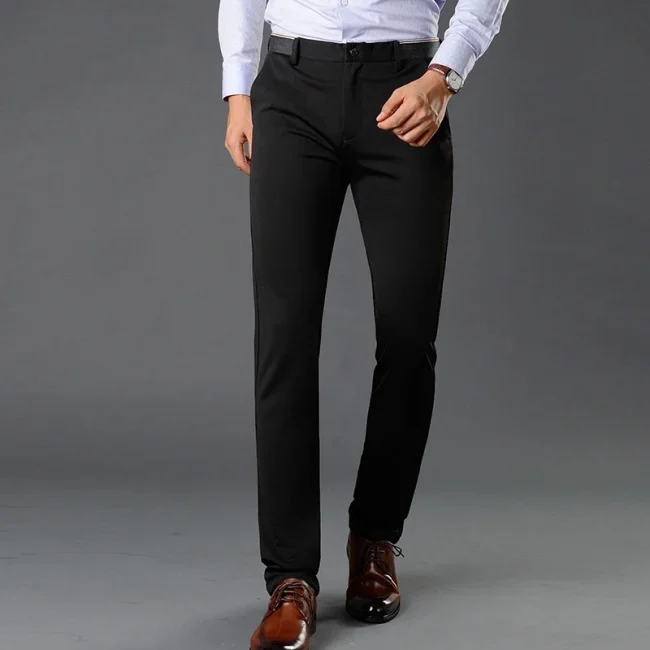 Premium Elastic Dress Trousers Men Suit Pants for Business Straight-Fit No-Iron Flat-Front Fashion Formal Pants Black Navy Blue 4